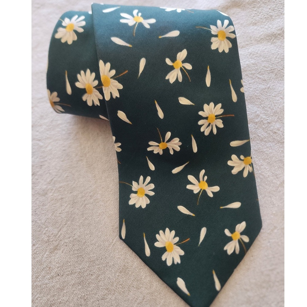 Vtg Structure silk tie green daisy floral Italian fabric 90s unisex  streetwear